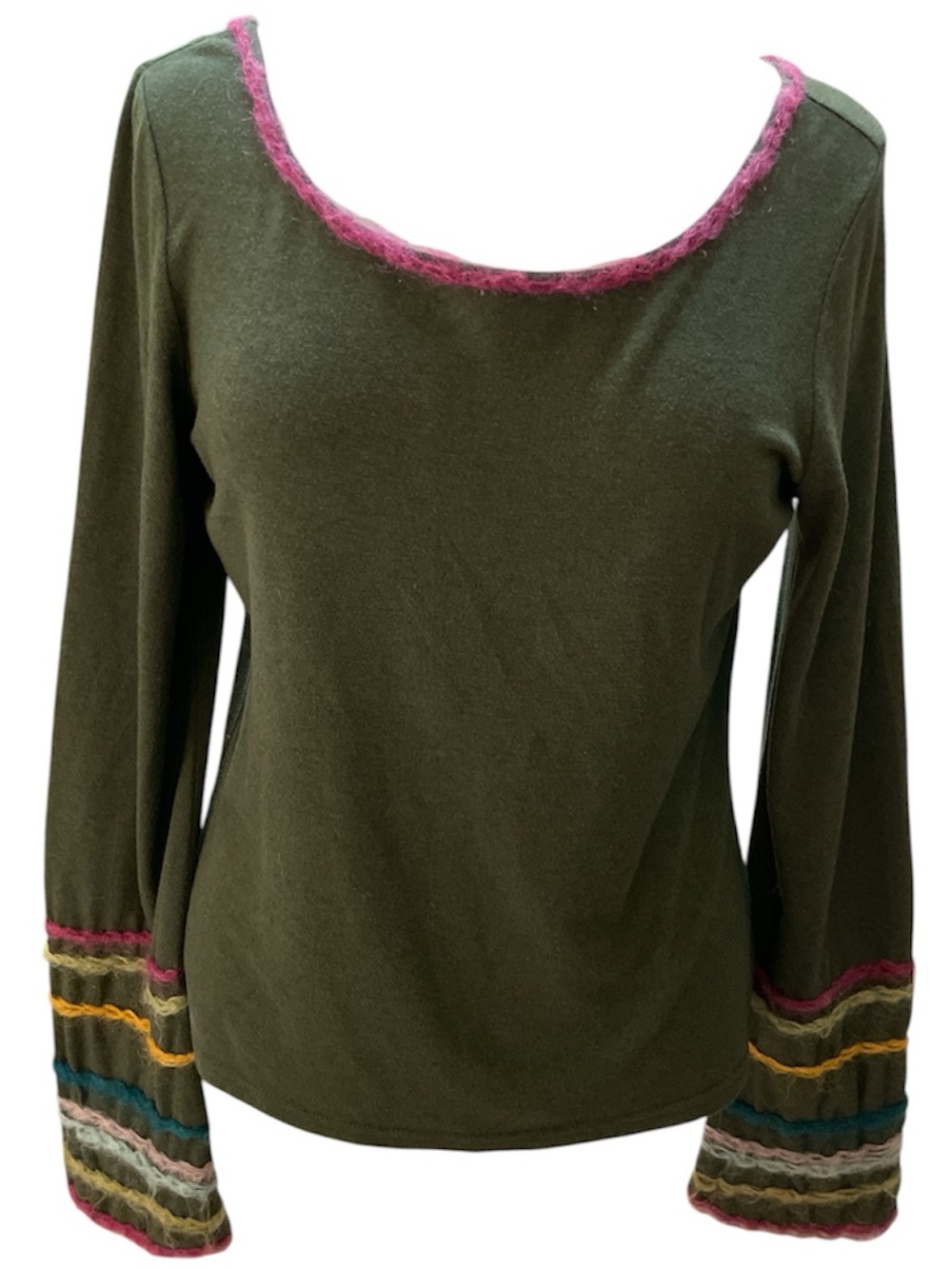 Sleeping On Snow Wool Sweater Olive Long Sleeve Scoop Neck Trim Women's Large